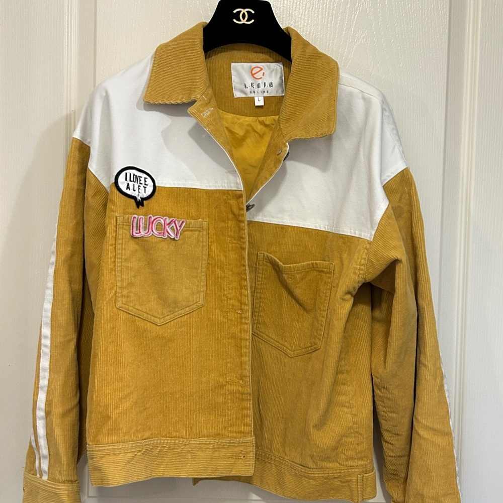 Yellow White Asymmetrical Design Corduroy jacket